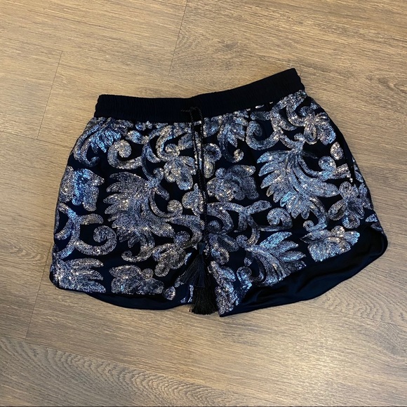 Silver Sequin Paisley Print Shorts w Drawstring  4 - Picture 5 of 11